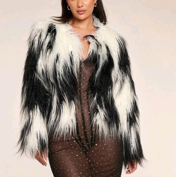 Black & White Luxurious Fluffy Patchwork Long Sleeve Jacket, Fall/Winter - Picture 1 of 5